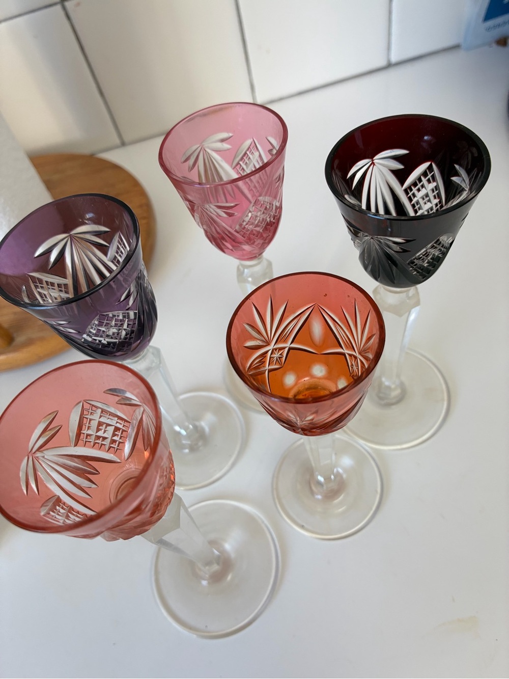 Set of 6 Cut-to-Clear Colored Cordial Glasses